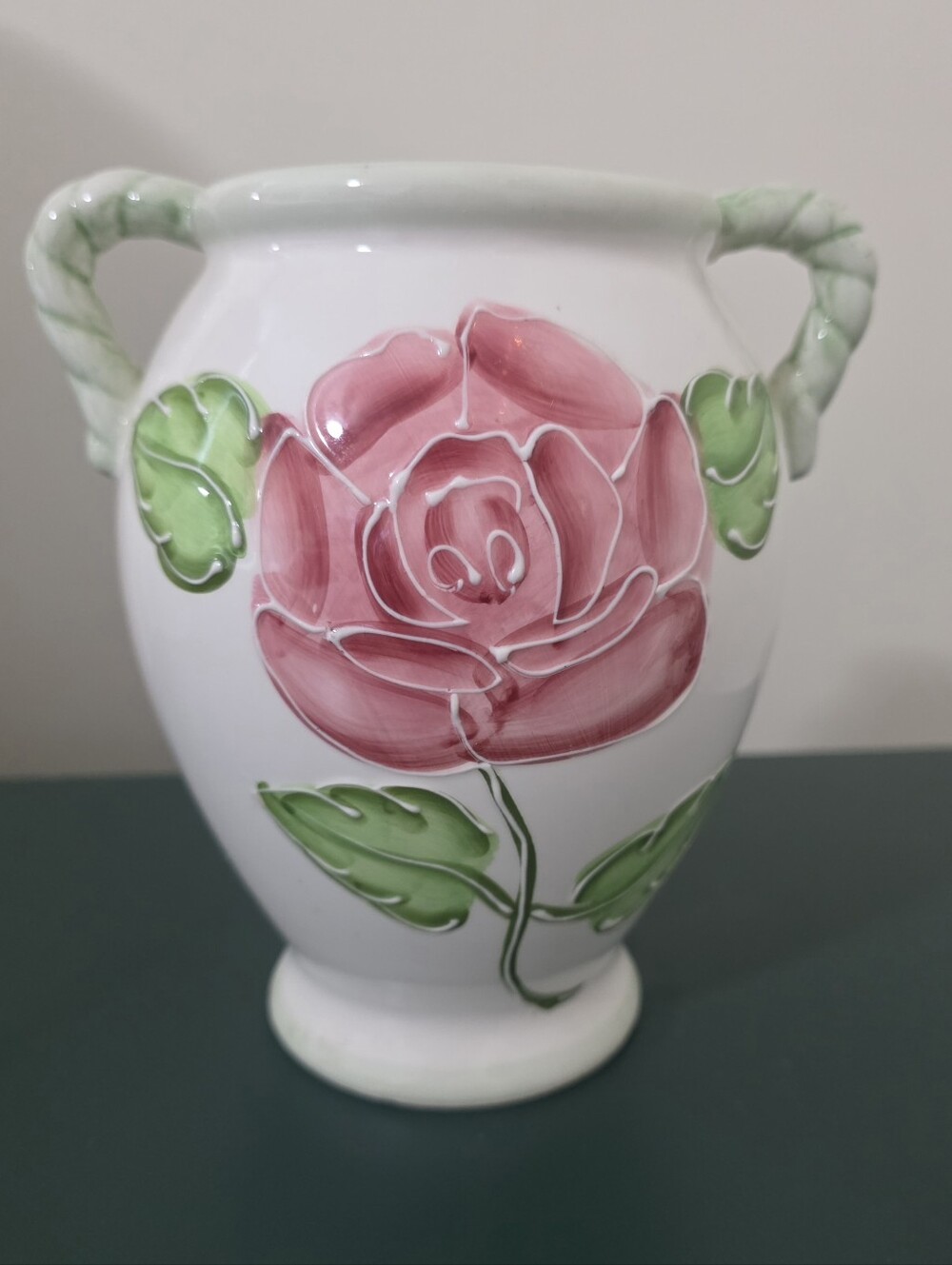 Handpainted Ceramic Vase Embossed Rose Design Twisted Handles Coquette Cottage